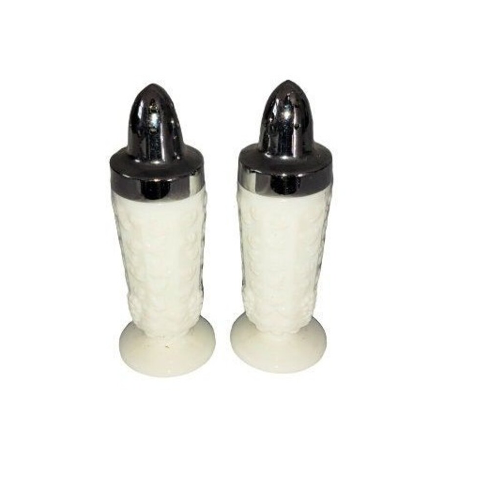 VTGWestmoreland Milk Glass Paneled Grape Salt & Pepper Shaker Set Metal Tops 60s